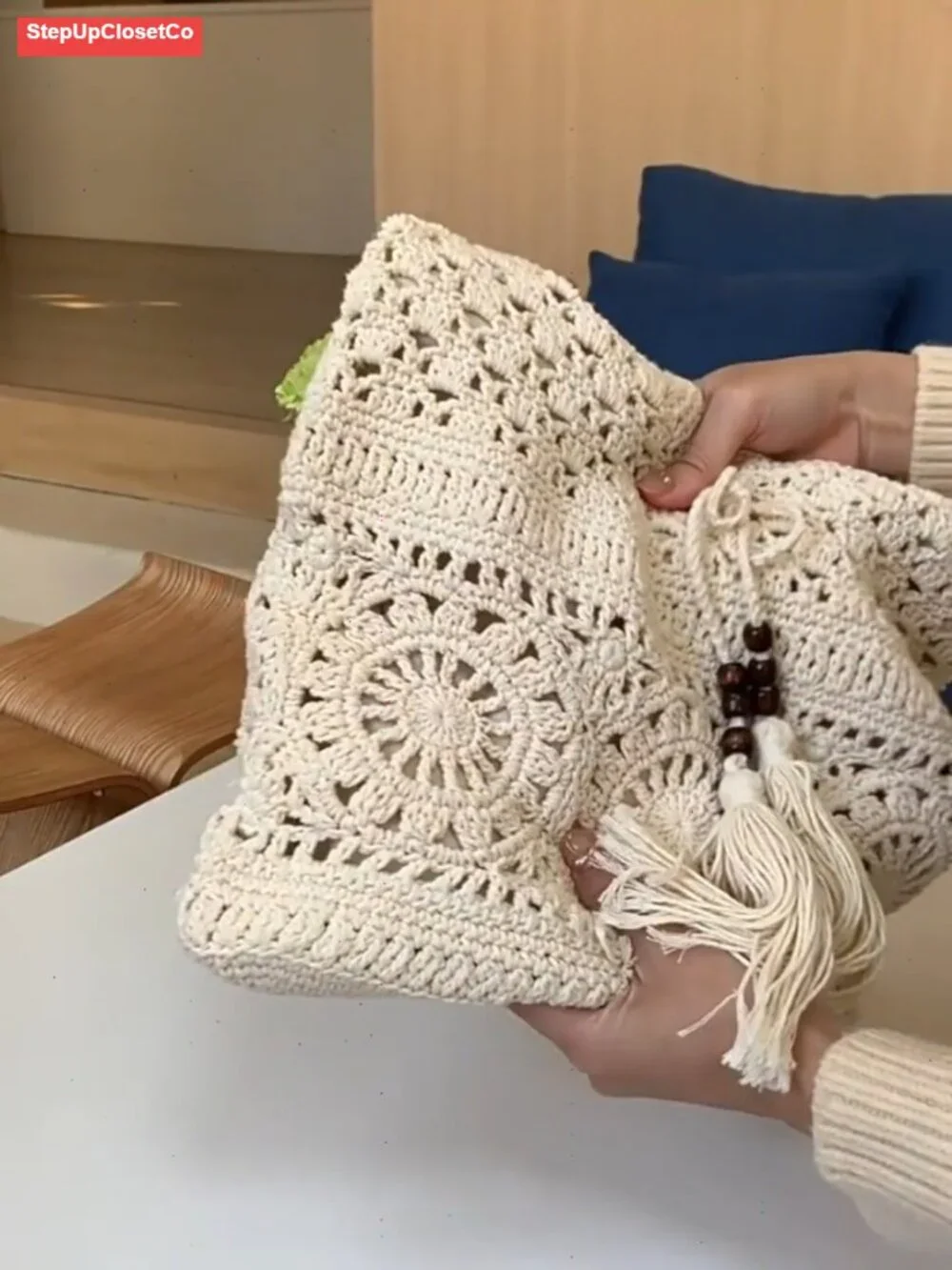 Handmade Crochet Cotton Rope Hobo Bag Women Bohemian Knit Shoulder Tote Straw